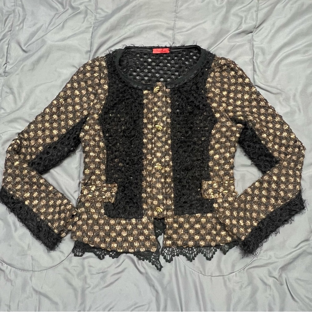 Saint Gil Blazer Jacket Women Small Semi Sheer Faux Fur Woven Crochet Lace Ruffl